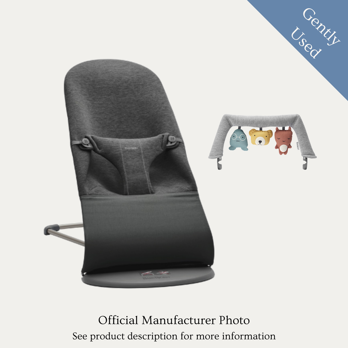 Babybjorn Bouncer + Fabric Toy Bar, Gently Used / Grey